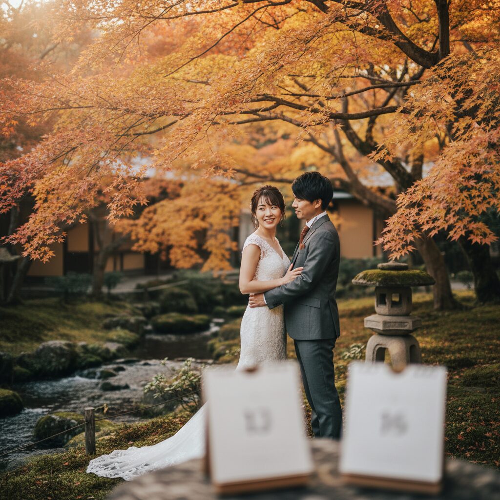 秋（紅葉）の結婚式の人気日取りを安く予約するタイミング アイキャッチ